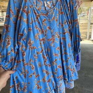 Cato Blue Bishop Sleeve Blouse with Ruffled Relaxed Fit